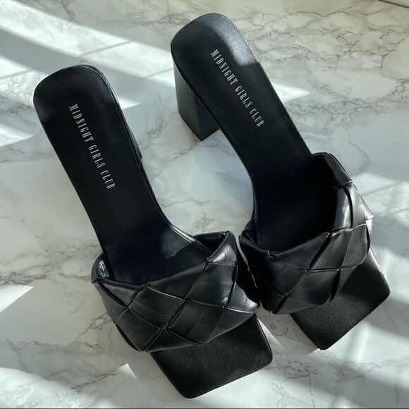 Princess Polly by Midnight Girls Club THE BISOU WOVEN SQUARE TOE HEELS BLACK - Picture 1 of 11